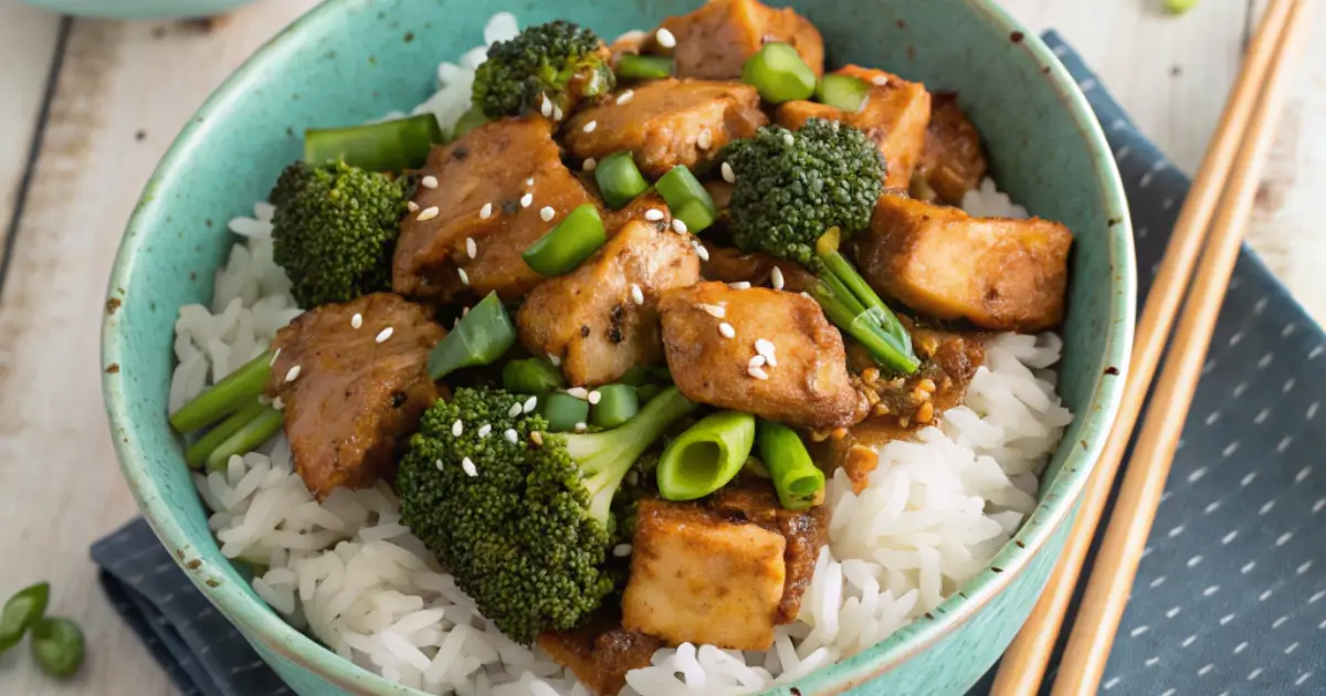 orange chicken broccoli with rice stir fry​
