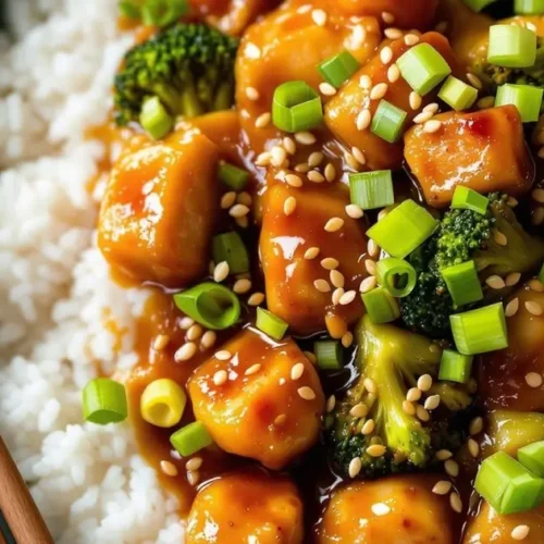 orange chicken broccoli with rice stir fry​