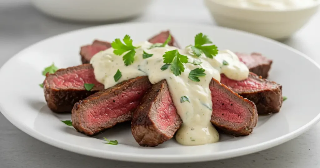 5-Star Garlic Butter Steak Bites with Decadent Parmesan Cream Sauce 2 garlic butter steak bites with parmesan cream sauce
