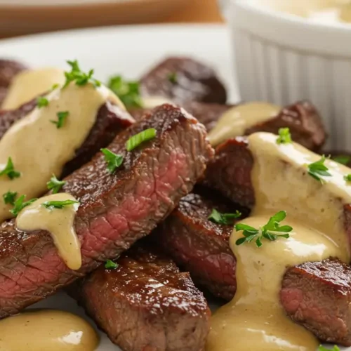 garlic butter steak bites with parmesan cream sauce